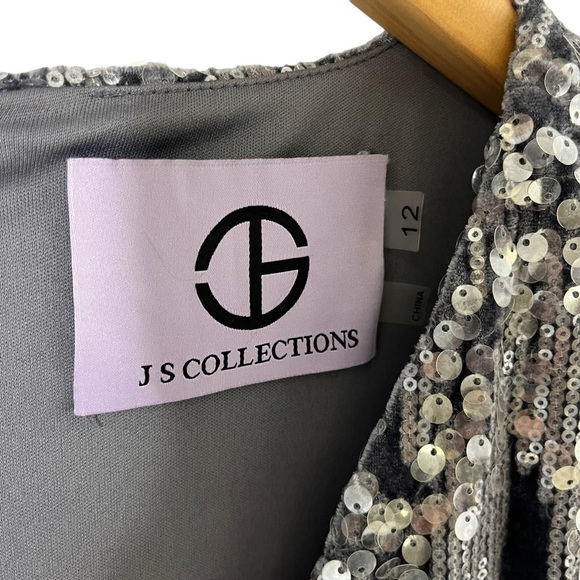 JS Collection June Faux Wrap MIDI Dress Size 12 Gray Blue Cap Sleeve Velvet - Picture 12 of 12